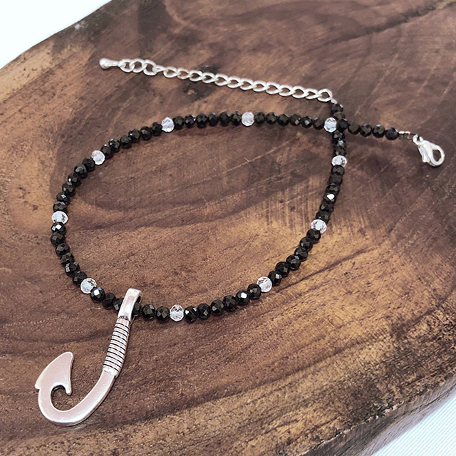 釣り針アンクレット ブラックスピネル＆水晶 高品質キラキラ多面カット