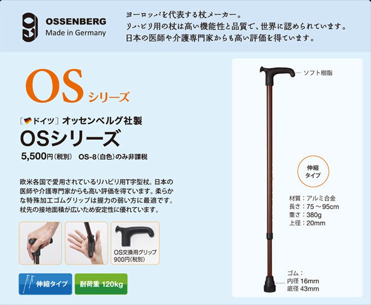 ドイツオッセンベルク社製 右用と左用 アーム付き杖 ネイビー 高