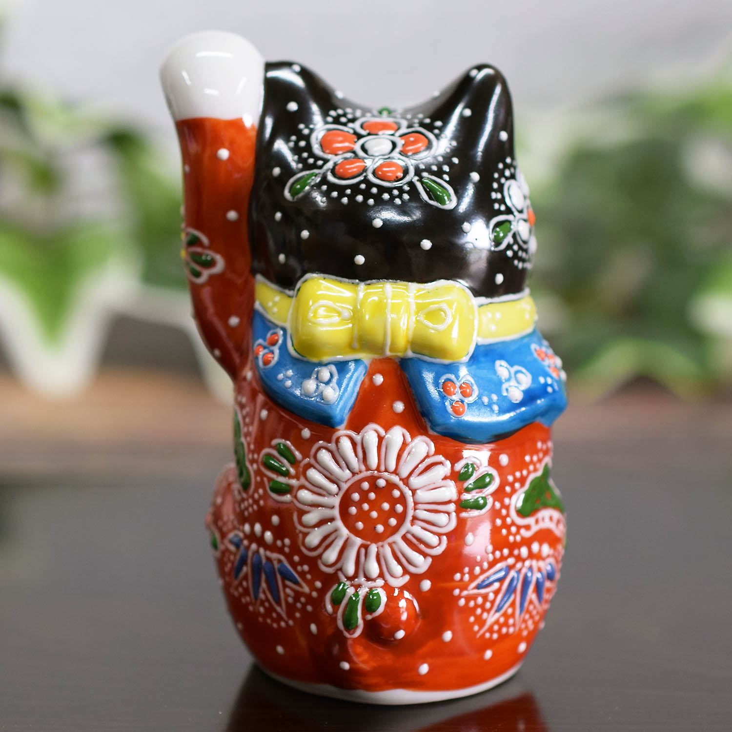 招き猫 置物 風水 九谷焼 左手 招き猫 黒茶盛 開店祝い 新築祝い 