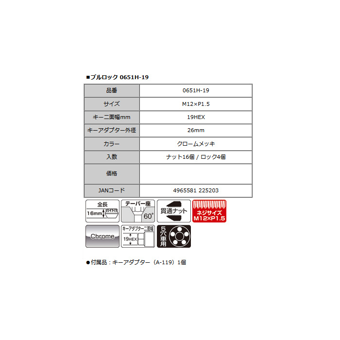 KYO-EI ブルロック貫通タイプ ロックナットセット M12XP1.5 19HEXクロームメッキ 1セット(20個入り)｜web-carshop｜02