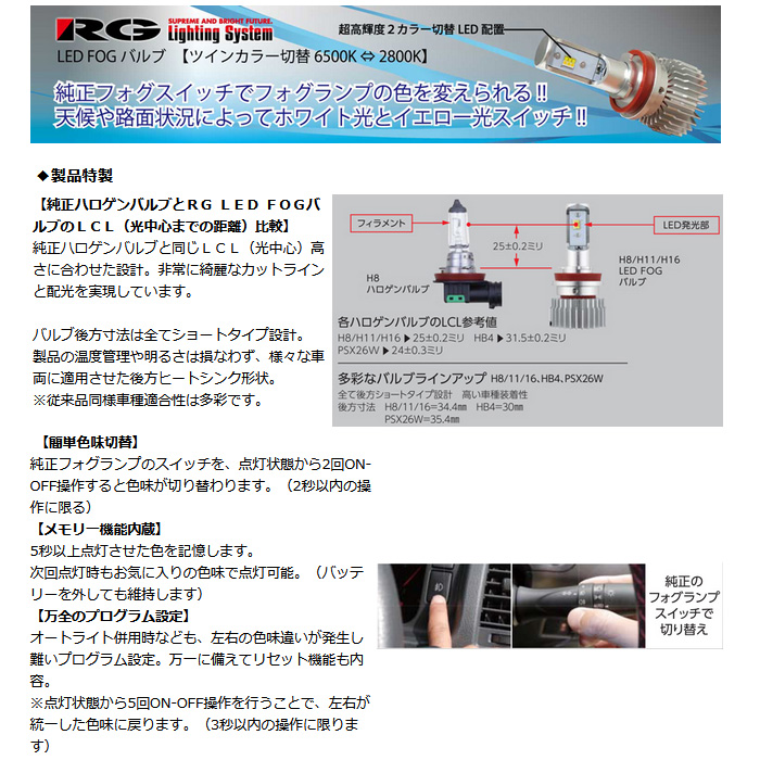 RG LEDフォグバルブ ツインカラー 12V・24V車 バルブ形状 PSX26W レーシングギア ライトパーツ 品番：RGH-P553｜web-carshop｜03