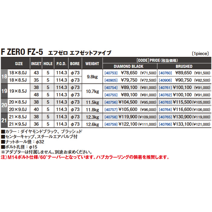 WEDS F-ZERO FZ-5 ダイヤモンドブラック 1本 20×8.5J+38 5H 114.3