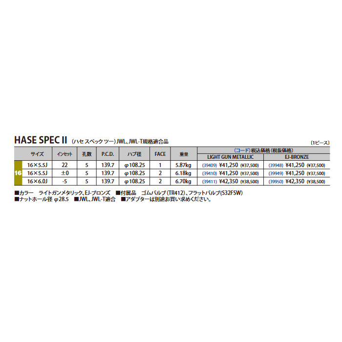 WEDS ハセスペック2 ガンメタ 1本 16X5.5J+00 5H 139.7 ジムニー JB23W用 ウェッズ ホイール HASE SPEC2  ライトガンメタリック 39410