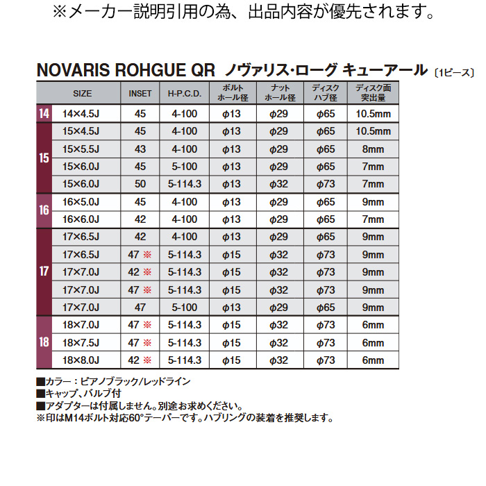 WEDS ノヴァリス ローグ QR 1本 17×7.0J+42 5H 114.3 φ73 ウェッズ ホイール NOVARIS ROHGUE QR ピアノブラック/レッドライン 42659の画像