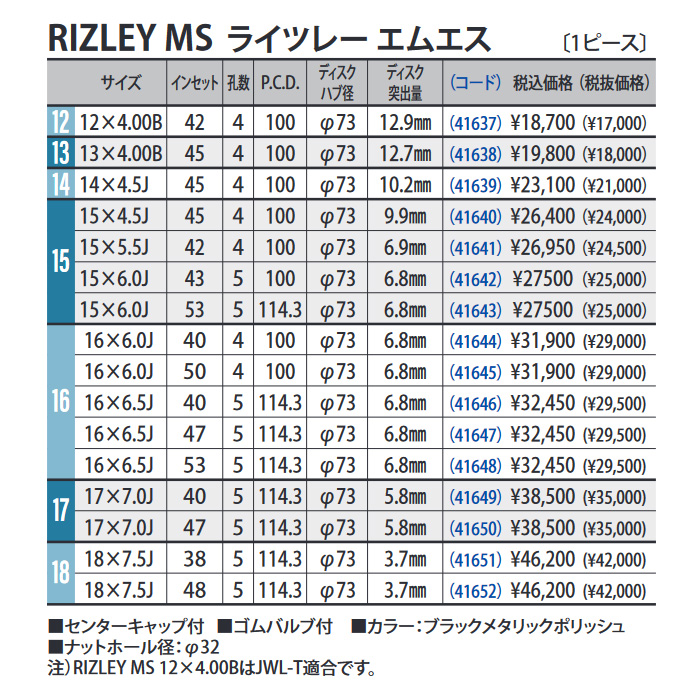 WEDS ライツレー MS 1本 15×4.5J+45 4H 100 φ73 ウェッズ ホイール RIZLEY MS ブラックメタリックポリッシュ 0041640の画像