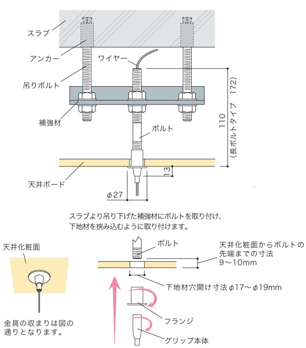 天井用埋め込みワイヤーグリップ