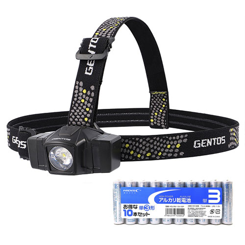GENTOS コンパクトヘッドライト + アルカリ乾電池 単3形10本パックセット GD-102D+HDLR6/1.5V10P /l