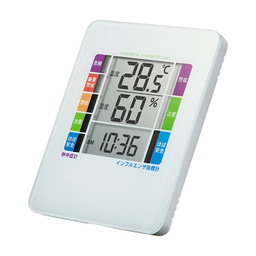 サンワサプライ 熱中症&amp;インフルエンザ表示付きデジタル温湿度計(警告ブザー設定機能付き) CHE-TPHU2WN /l