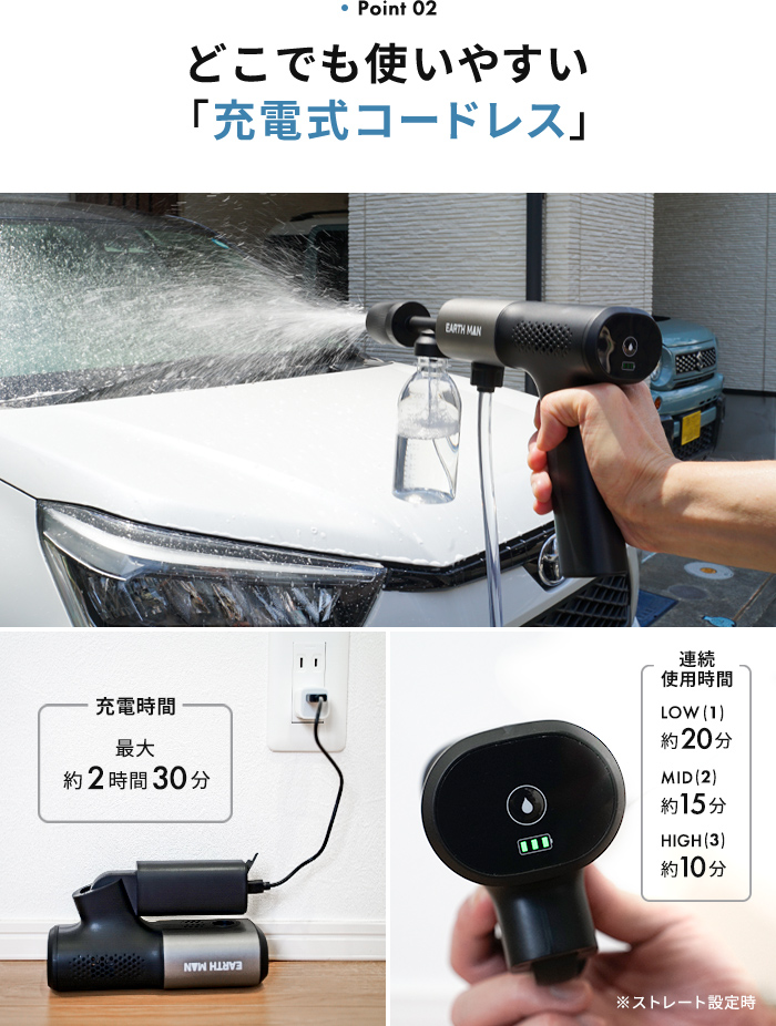 EARTH MAN 7.2V充電式コンパクト洗浄ガン 高圧洗浄機 小型 コードレス