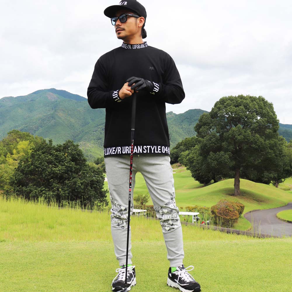 ゴルフウェア Ｔシャツ ロンT メンズ レディース 長袖 ラグジュゴルフ LUXE/R GOLF スムース モックネック ハイネック ストレッチ ロゴ  大きいサイズ