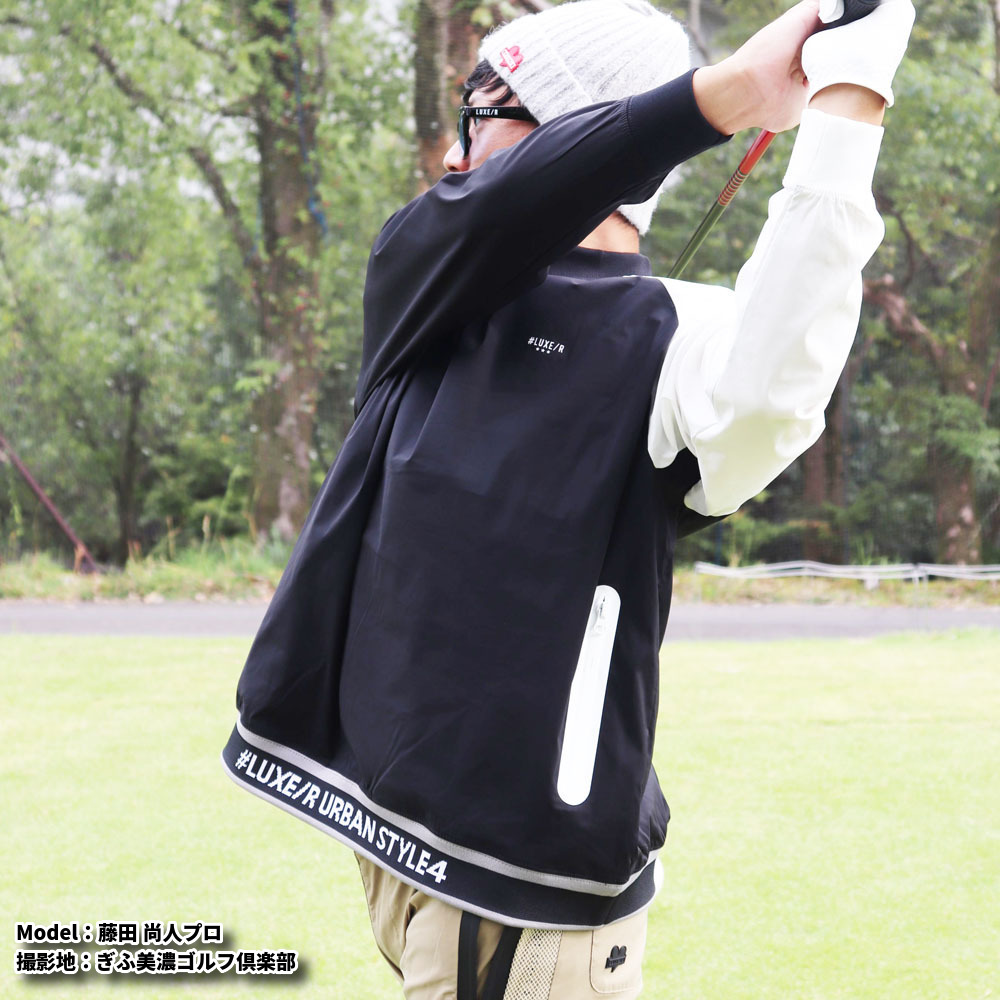 ゴルフウェア メンズ レディース 長袖Tシャツ ラグラン 切り替え ラグジュゴルフ LUXE/R  GOLF モックネック 撥水加工 ストレッチ ロンT ゆったりサイズ LUXE/R ゴルフウェア メンズ レディース 長袖Tシャツ バック