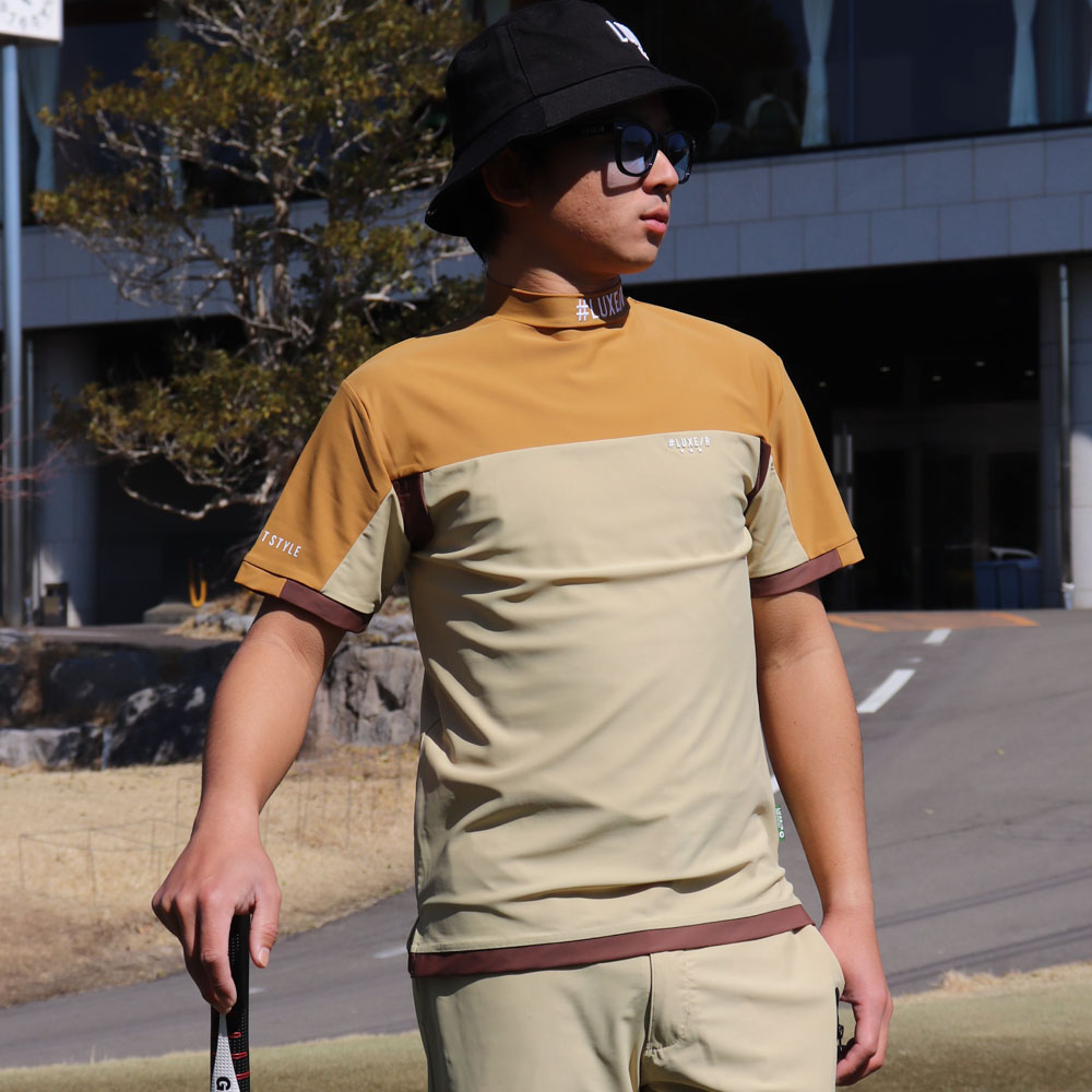 LUXE/R  GOLF ラグジュゴルフ Tシャツ モックネック メンズ レディース 半袖 ストレッチ スムース ジャージ ゴルフウェア 切り替え 吸水速乾  2025夏 LUXE/R GOLF ラグジュゴルフ Tシャツ モックネック メンズ