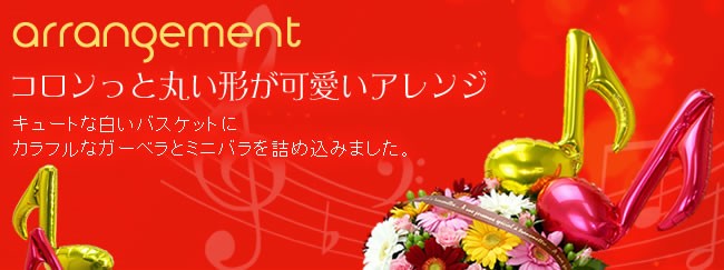 コロンっと丸い形が可愛いアレンジ　キュートな白いバスケットにカラフルなガーベラとミニバラを詰め込みました。