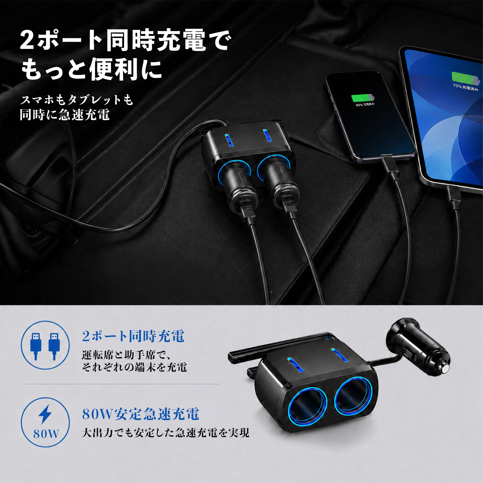 新品✨️ 充電用車載アダプター 2ソケット 約5m 袋付き 本田 N-VAN JJ1 JJ2 カーチャージャー 車用 シガーソケット 2連 車載