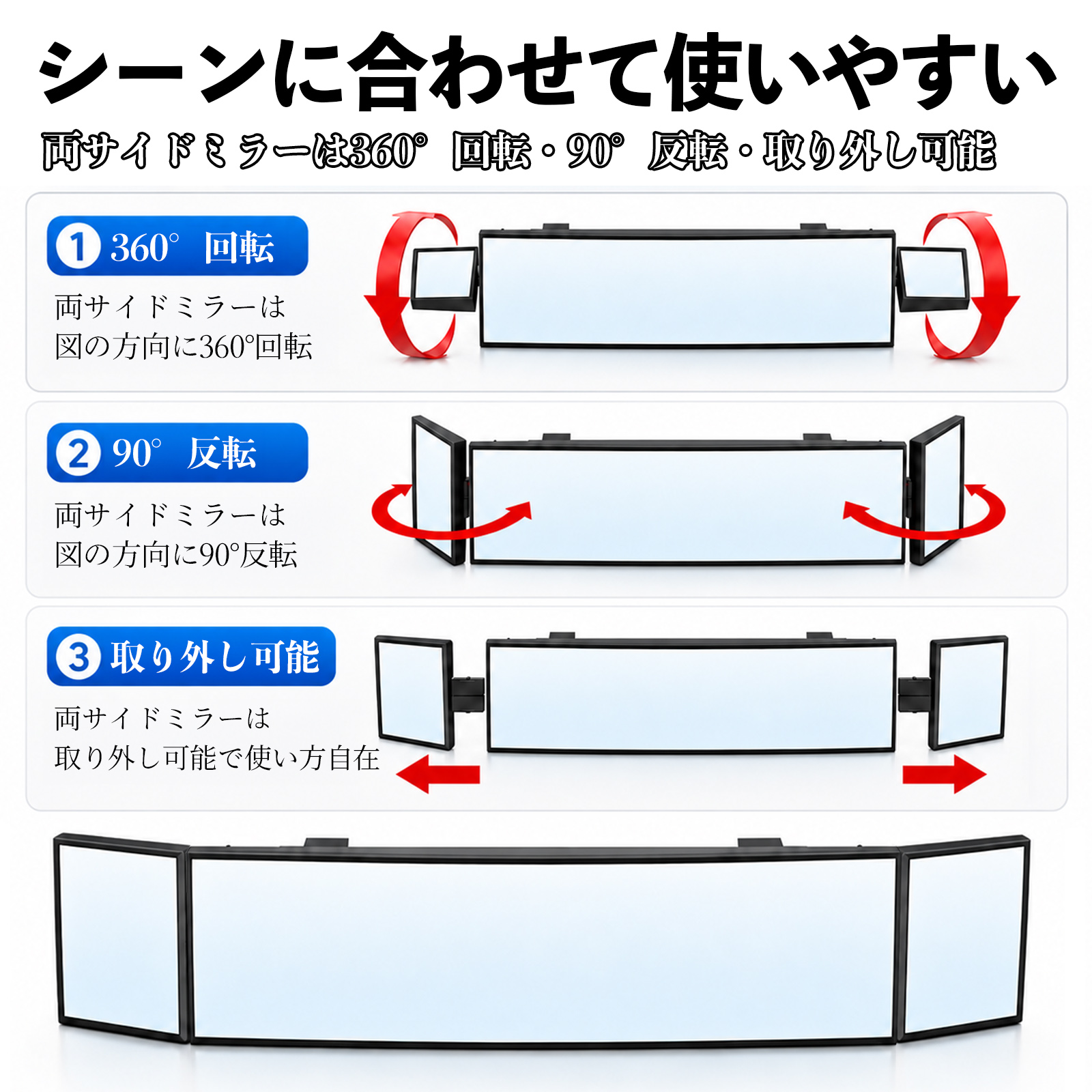 スバル レックス ルームミラー 車用 バックミラー 三つ折り 角度調整 