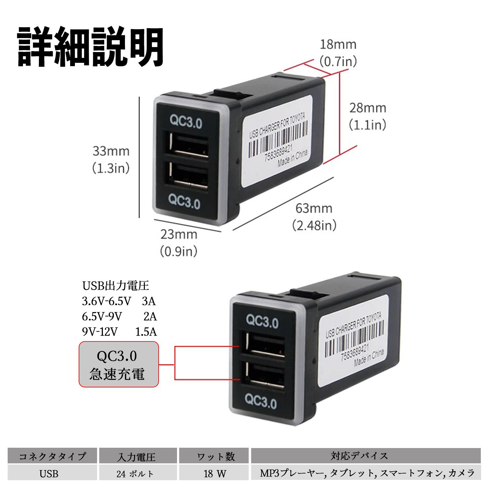 ヴォクシー ZRR70 75 ZRR80 85 ZWR80 USB充電器 QC3.0×2 USB増設