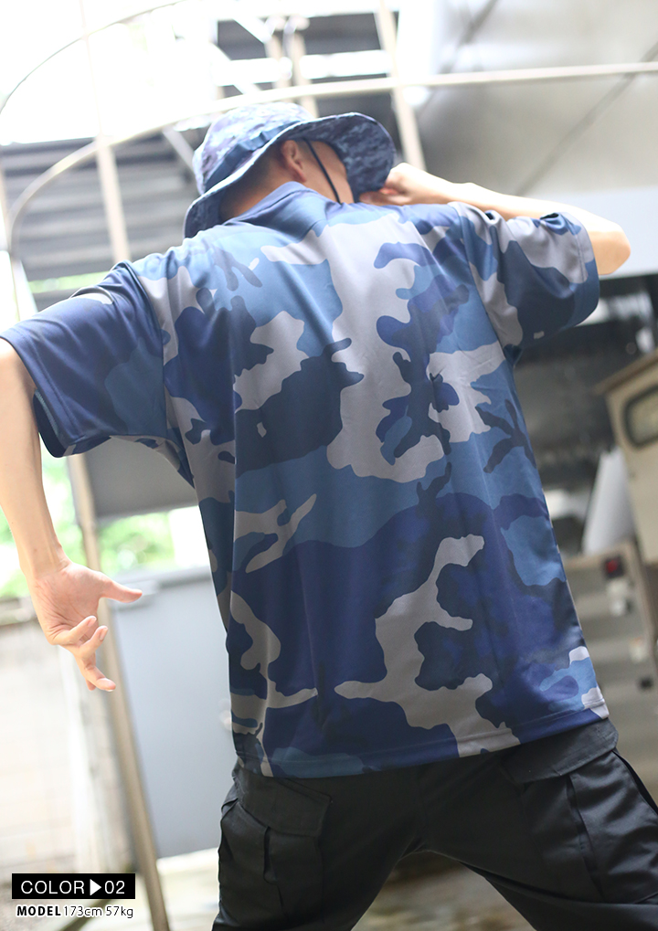 青緑色迷彩デザインシャツ 零 ZERO Tシャツ 半袖 総柄 迷彩柄 メンズ レディース 黒 青 白