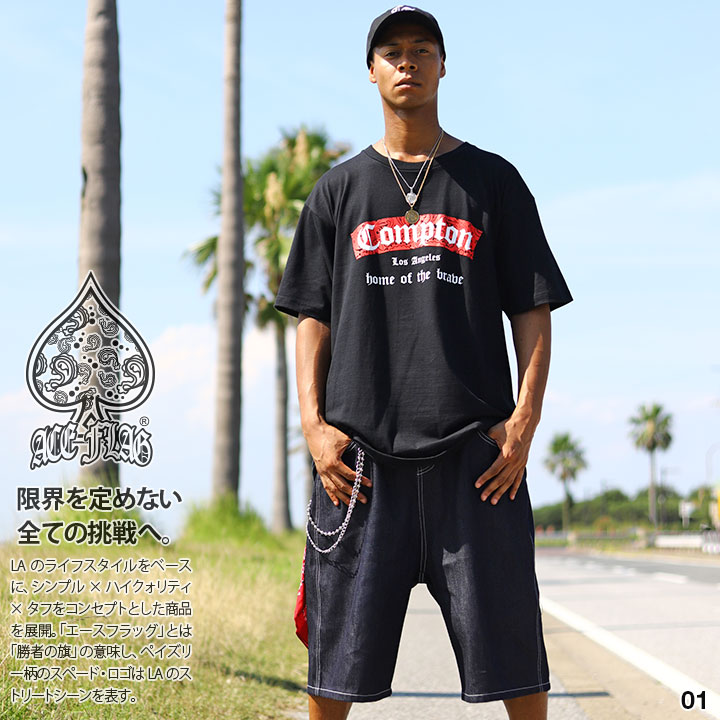 ACE FLAG 上下セット 半袖 ブランド Tシャツ デニム ハーフパンツ 上下 大きいサイズ エースフラッグ セットアップ Compton コンプトン ペイズリー柄