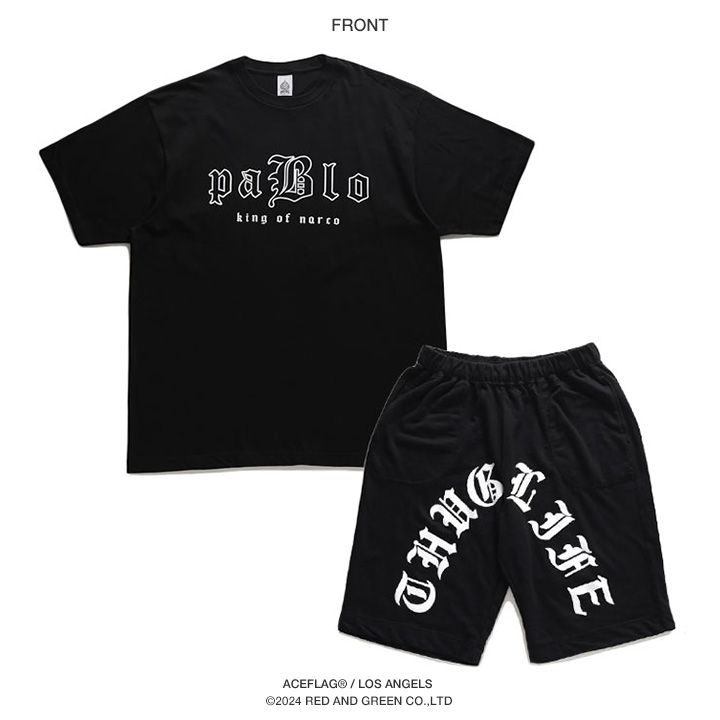 ACE FLAG 上下セット 半袖 ブランド Tシャツ ハーフパンツ メンズ 春夏用 全2色 大きいサイズ エースフラッグ セットアップ スウェット 麻薬王 パブロ エスコバル THUG LIFE サグライフ ビッグシルエット b系 ヒップホップ ストリート系 ハイ 新作 AF-SE-TS-181 ACEFLAG（エースフラッグ） 上下セット 半袖 ブランド Tシャツ ハーフ