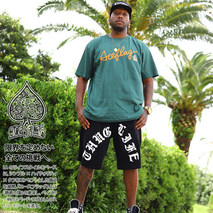 ACE FLAG 上下セット 半袖 ブランド Tシャツ ハーフパンツ メンズ 春夏用 緑 大きいサイズ エースフラッグ セットアップ ショートパンツ スクリプト 筆記体 スペード ペイズリー柄 ビッグシルエット b系 ヒップホップ ファッション ストリート系 2025 新作 AF-SE-TS-214 ACEFLAG（エースフラッグ） 上下セット 半袖 ブランド Tシャツ ハーフ