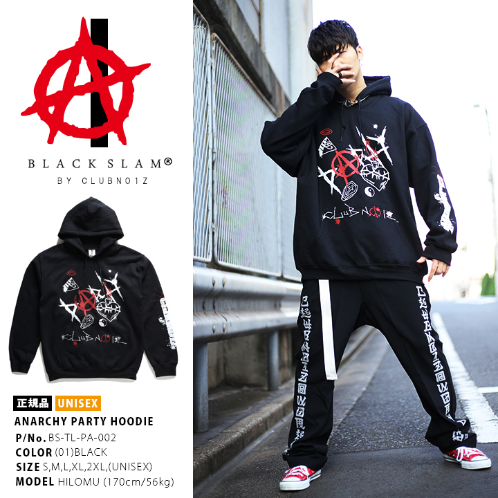 ブラックスラム BLACK SLAM クラブノイズ CLUBNO1Z フードパーカー 長袖 袖プリント アナーキー ロゴ｜weekindenim｜04