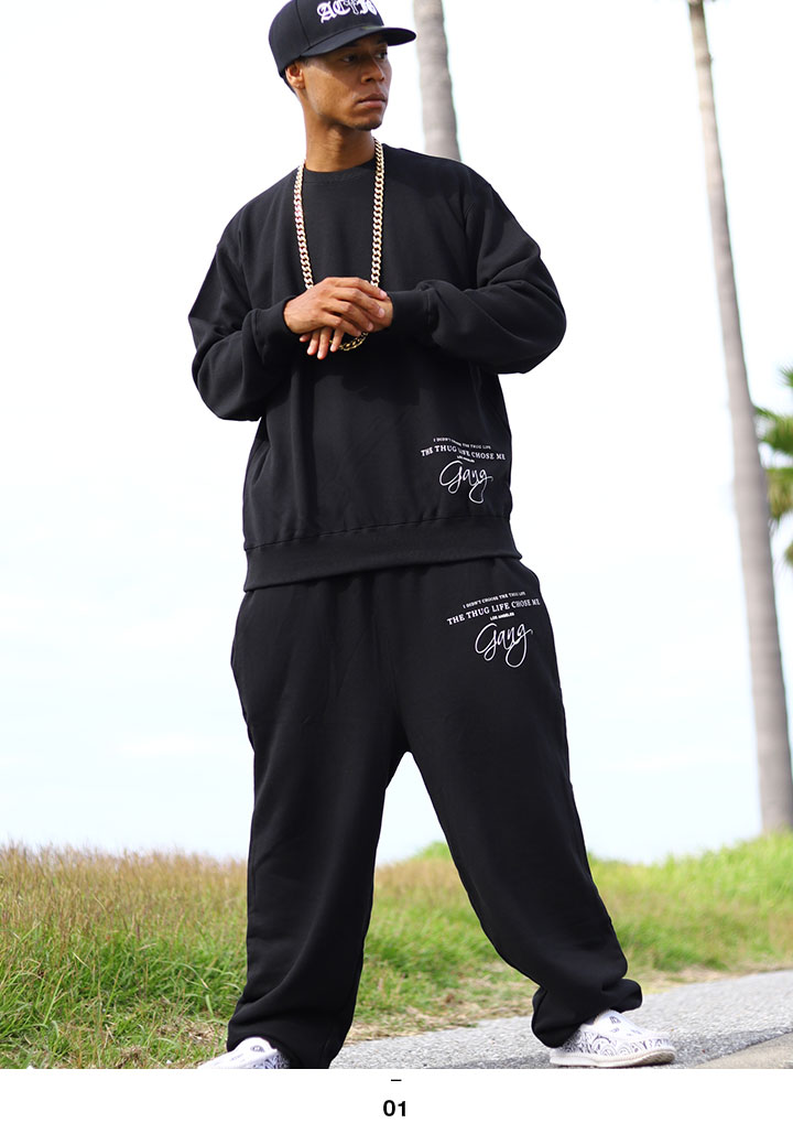 ACE FLAG 上下セット 長袖 ブランド メンズ 春秋冬用 黒 大きいサイズ エースフラッグ セットアップ トレーナー スウェットパンツ シンプル Gang ギャング 筆記体 ビッグシルエット b系 ヒップホップ ファッション ストリート系 AF-SE-SW-122 ACEFLAG（エースフラッグ） 上下セット 長袖 ブランド 大きいサイズ