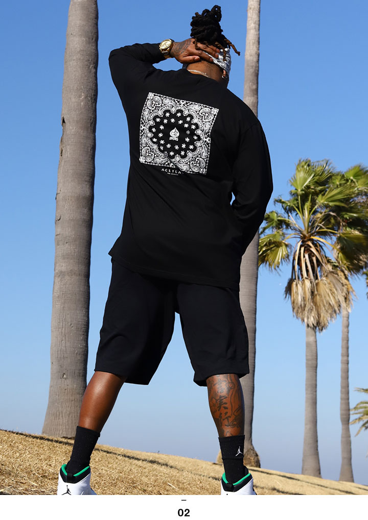 ACE FLAG 上下セット 長袖 Tシャツ ロンT ブランド スウェット ハーフパンツ メンズ 春秋冬用 黒 白 大きいサイズ エースフラッグ セットアップ ペイズリー 筆記体 サグライフ ビッグシルエット b系 ヒップホップ ファッション ストリート系 2025 新作 AF-SE-LT-131 ACEFLAG（エースフラッグ） 上下セット 長袖 Tシャツ ロンT ブランド