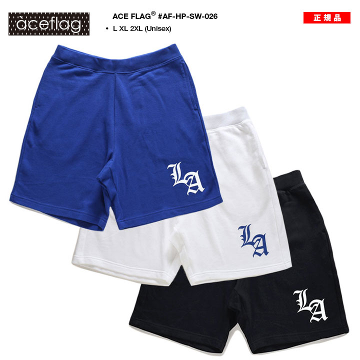 ACE FLAG ハーフパンツ スウェット 半ズボン 短パン メンズ 青/白/黒 大きいサイズ エースフラッグ LA エルエー ロサンゼルス ギャング ローライダー b系 ヒップホップ ストリート系 新作 AF-HP-SW-026 ACEFLAG（エースフラッグ） ハーフパンツ スウェット 半ズボン 短パン