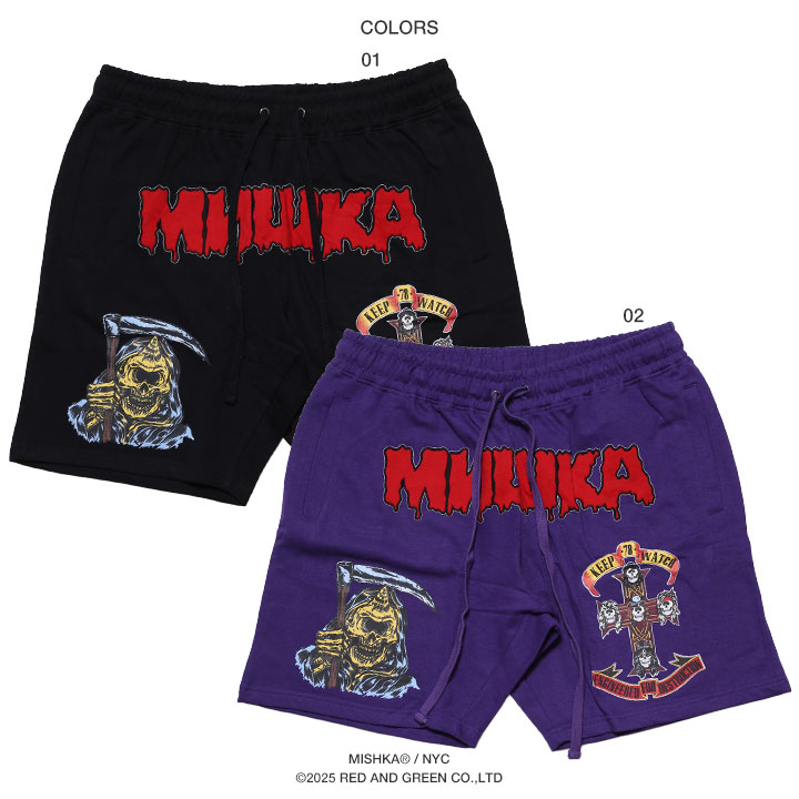 MISHKA ハーフパンツ スウェット 裏起毛 半ズボン 短パン メンズ 春夏用 黒 紫 大きいサイズ ミシカ ショートパンツ CYCO SIMON サイコサイモン スカル 刺繍 ビッグシルエット b系 ヒップホップ ファッション ロック バンド ストリート系 ハイ ブランド 2025夏 新作 MSK-163 MISHKA（ミシカ） ハーフパンツ スウェット 裏起毛 半ズボン 短パン