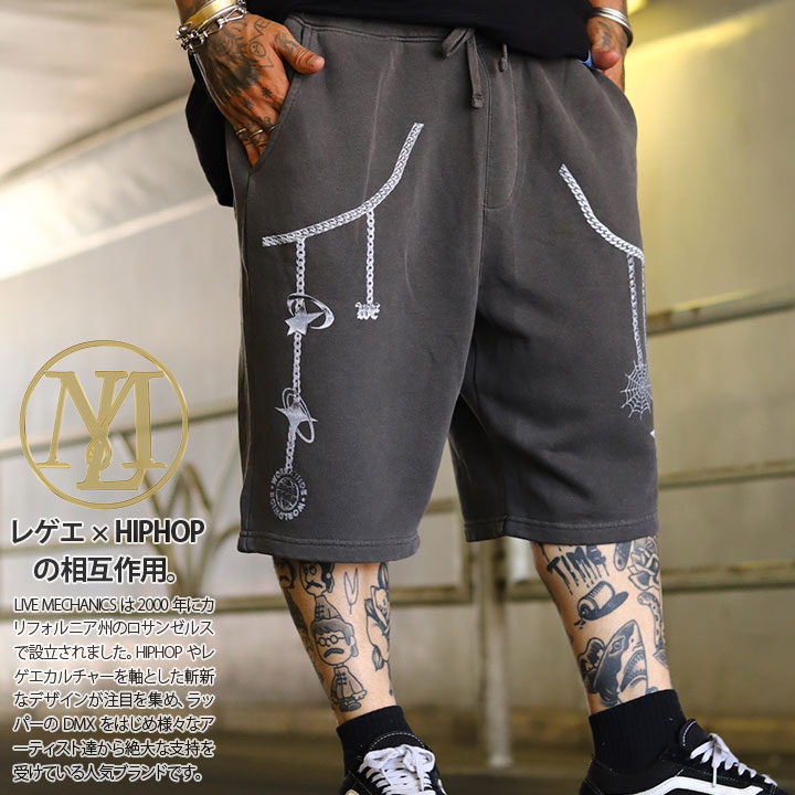 LIVE MECHANICS ハーフパンツ スウェット 半ズボン 短パン メンズ 全3色 大きいサイズ ライブメカニクス ショートパンツ ファイヤーパターン ハート 星 スター 黒シブ スミ黒 総柄 大人 b系 ヒップホップ ファッション ストリート系 2025春夏 新作 WES5 LIVE MECHANICS ハーフパンツ スウェット 半ズボン 短パン 大きい