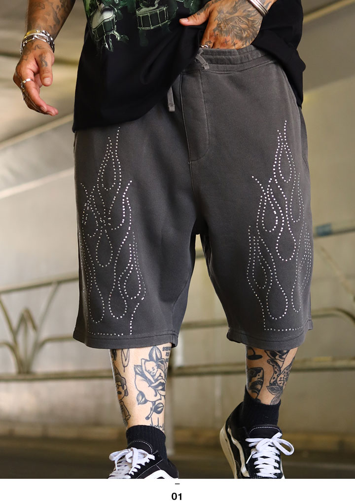 LIVE MECHANICS ハーフパンツ スウェット 半ズボン 短パン メンズ 黒 大きいサイズ ライブメカニクス ショートパンツ ジルコニア ファイヤーパターン フレアパターン 黒シブ 黒渋 シブ黒 b系 ヒップホップ ファッション ストリート系 2025夏 新作 WES9 LIVE MECHANICS ハーフパンツ スウェット 半ズボン 短パン 大きい