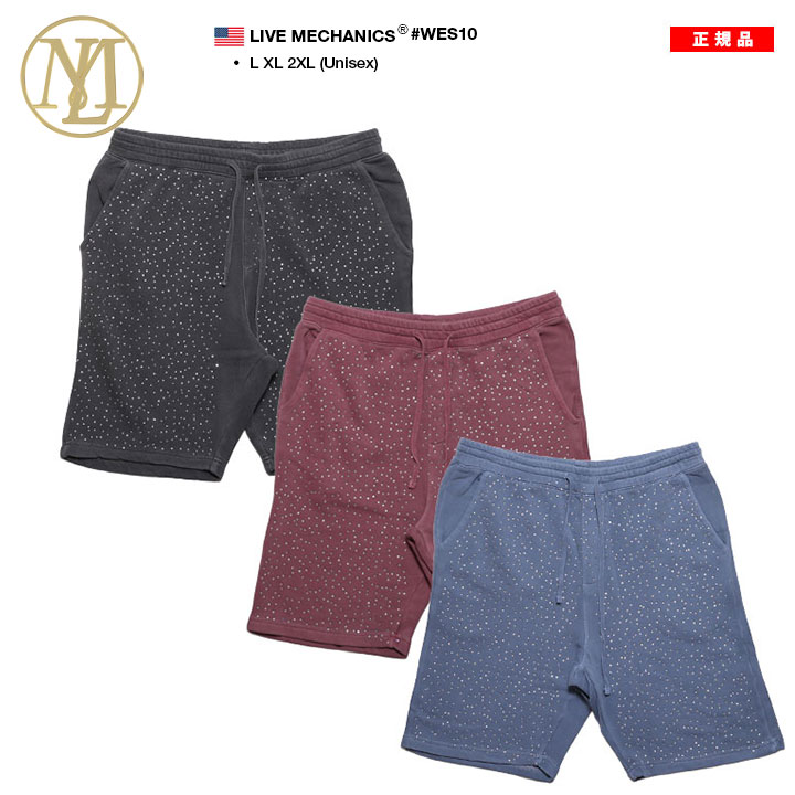 LIVE MECHANICS ハーフパンツ スウェット 半ズボン 短パン メンズ 春夏 全3色 大きいサイズ ライブメカニクス ショートパンツ キラキラ ジルコニア ダイヤモンドカット 蜘蛛の巣 黒シブ シブ黒 b系 ヒップホップ ファッション ストリート系 2025夏 新作 WES11 LIVE MECHANICS ハーフパンツ スウェット 半ズボン 短パン 大きい