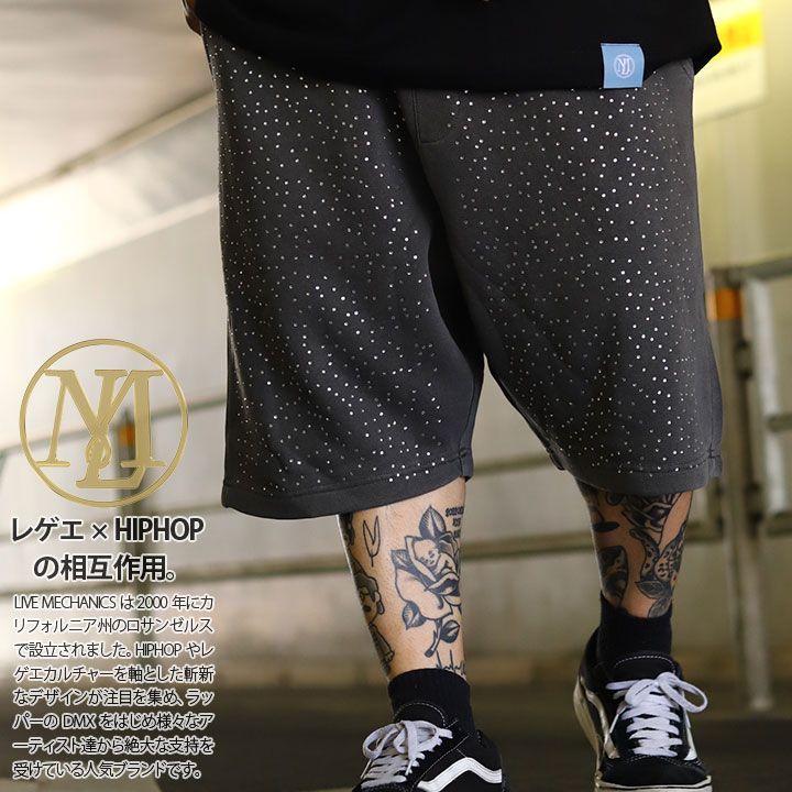 LIVE MECHANICS ハーフパンツ スウェット 半ズボン 短パン メンズ 全3色 大きいサイズ ライブメカニクス ショートパンツ ダイヤモンドカット ジルコニア 総柄 黒シブ シブ黒 スミ黒 b系 ヒップホップ ファッション ストリート系 2025夏 新作 WES10 LIVE MECHANICS ハーフパンツ スウェット 半ズボン 短パン 大きい