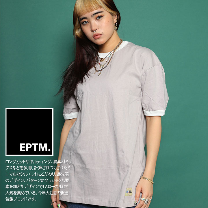 エピトミ EPTM Tシャツ 半袖 かっこいい 金 刺繍 バイカラー 切替 スポーツ グレー白｜weekindenim