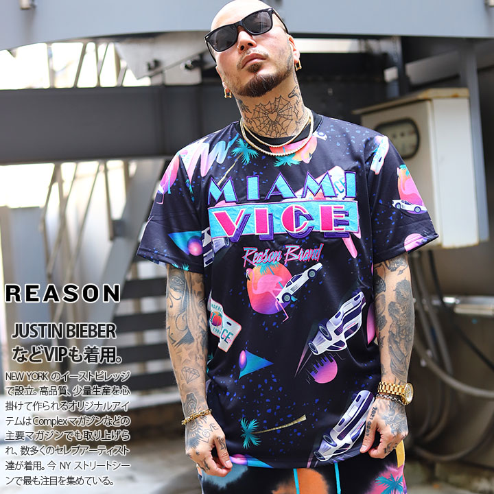 REASON × マイアミバイス Tシャツ 半袖 大きいサイズ Miami Vice 限定 コラボ 公式グッズ リーズン 派手 総柄 限定品 ブランドロゴ ヤシの木 スーパーカー 刺繍｜weekindenim