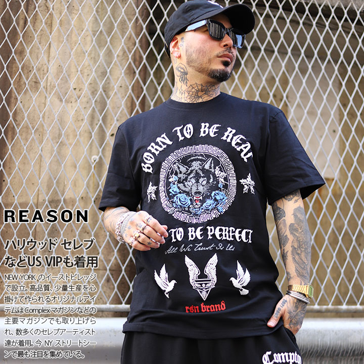 AS IT IS バンT 半袖 Tシャツ M ブラック 黒 海外 洋楽 REASON Tシャツ 半袖 大きいサイズ リーズン 派手 総柄 メッセージ 狼