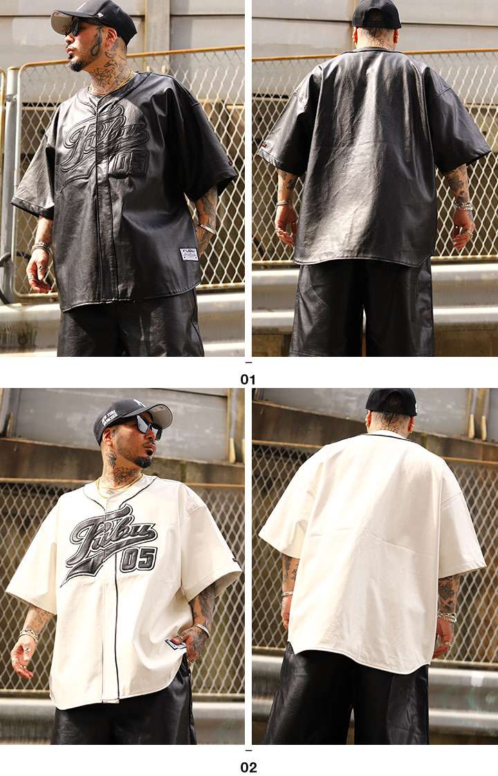 FUBU ベースボールシャツ 半袖 レザー 野球 ゲームシャツ ボタン