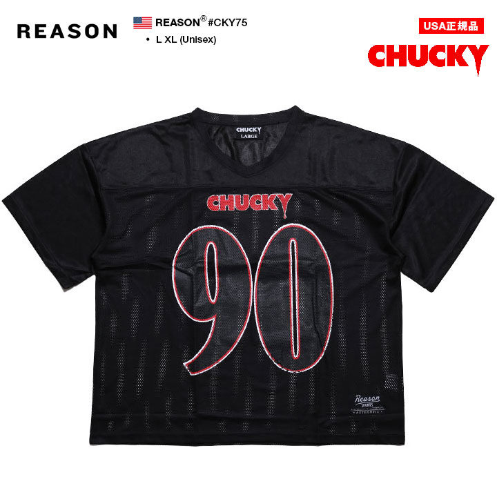 入手困難 リーズン REASON × Chucky フットボールシャツ REASON × Chucky Vネック 半袖 メッシュ Tシャツ 野球 ゲーム