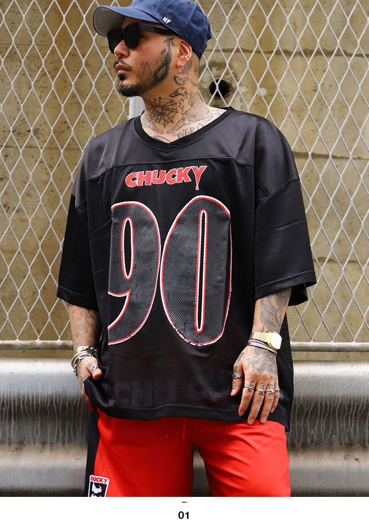入手困難 リーズン REASON × Chucky フットボールシャツ REASON × Chucky Vネック 半袖 メッシュ Tシャツ 野球 ゲーム