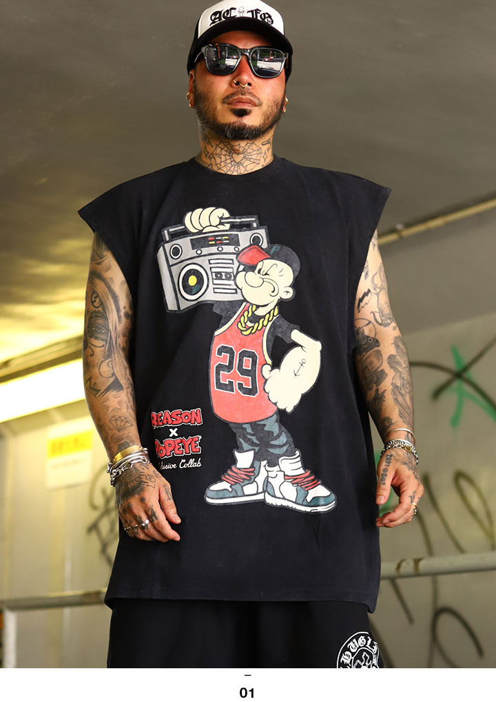 入手困難 メール便送料込 REASON × Popeye ノースリーブTシャツ REASON × ポパイ Tシャツ 半袖 大きいサイズ Popeye 限定 コラボ