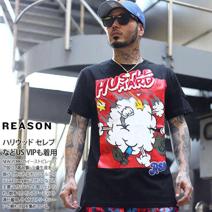 リーズン REASON Tシャツ 半袖 ポップアート 大きいサイズ かっこいい おしゃれ ライン 袖ロゴ カートゥーン アメコミ アニメ  犬キャラクター 刺繍 ゆったり