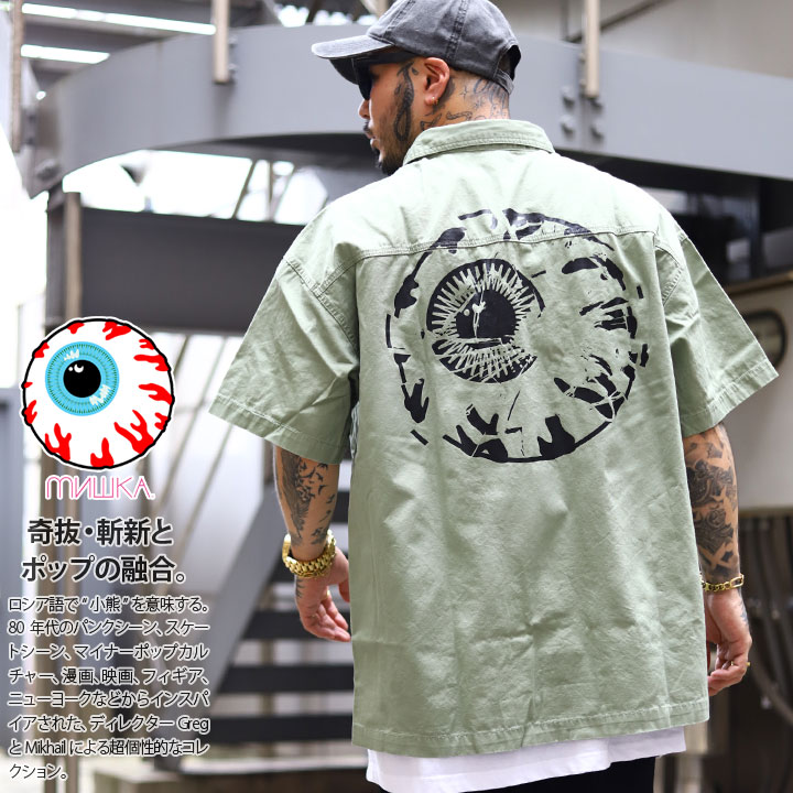 MISHKA 半袖シャツ 春夏用 M-XL 大きいサイズ ミシカ ハイ かっこいい おしゃれ KEEPWATCH キープウォッチ ロゴ タギング 刺繍  ハイモード ビッグシルエット