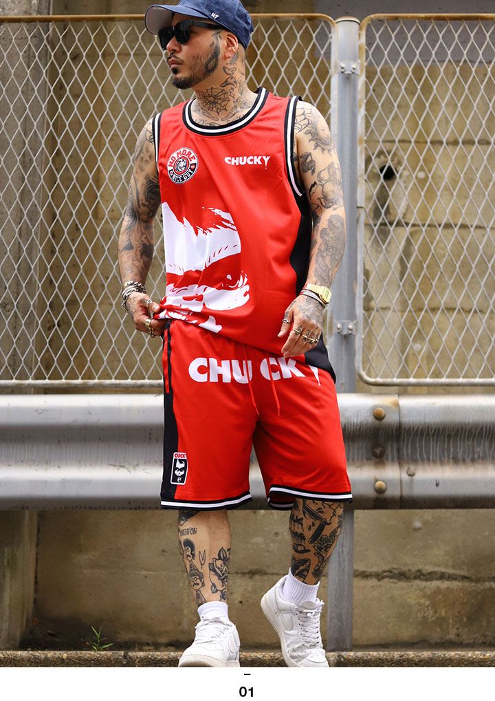 SAPEur メッシュタンクトップ 赤 Lとハーフパンツ　セメント柄Ｌセット REASON × Chucky セットアップ ブランド ノースリーブ タンクトップ