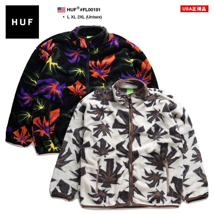 HUF アウター 長袖 ボア フリース ブルゾン 大きいサイズ ハフ 起毛 ボアフリース ジャケット 防寒着 派手 総柄 大麻 マリファナ ヘンプ ロゴ