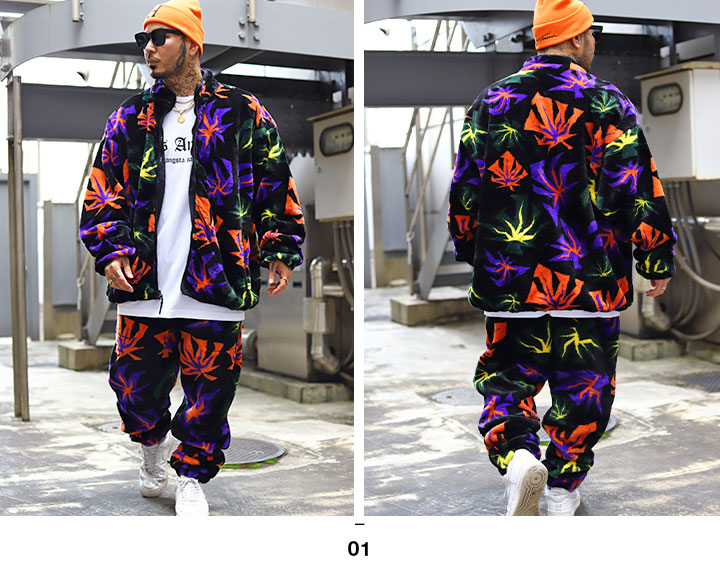 HUF アウター 長袖 ボア フリース ブルゾン 大きいサイズ ハフ 起毛 ボアフリース ジャケット 防寒着 派手 総柄 大麻 マリファナ ヘンプ ロゴ