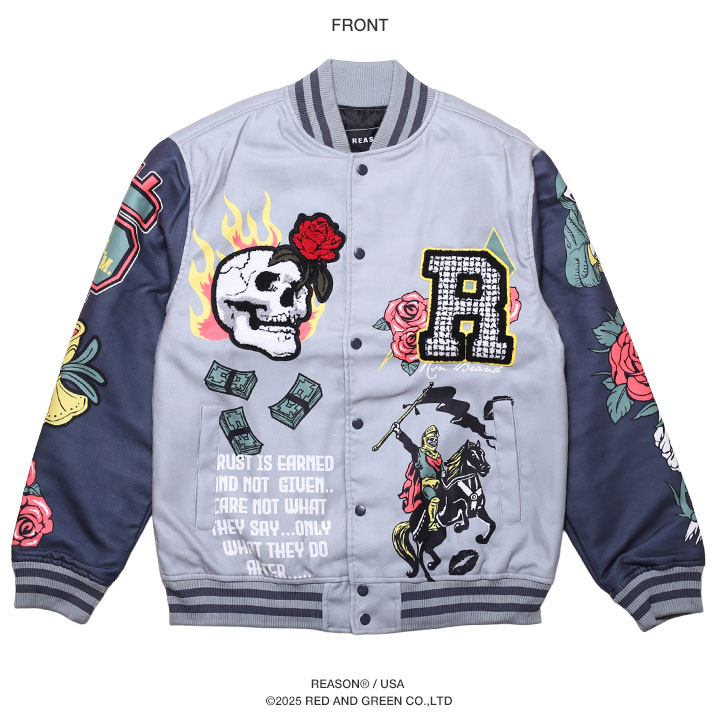 REASON アウター 長袖 スタジャン ブルゾン メンズ 春秋冬用 グレー 大きいサイズ リーズン 防寒着 総柄 エンジェル スカル アルファベット メッセージ 薔薇 ビッグシルエット 袖ロゴ b系 ヒップホップ ファッション ストリート系 ハイ ブランド 服 2025秋冬 新作 RER5011 REASON アウター 長袖 スタジャン ブルゾン 大きいサイズ リーズン