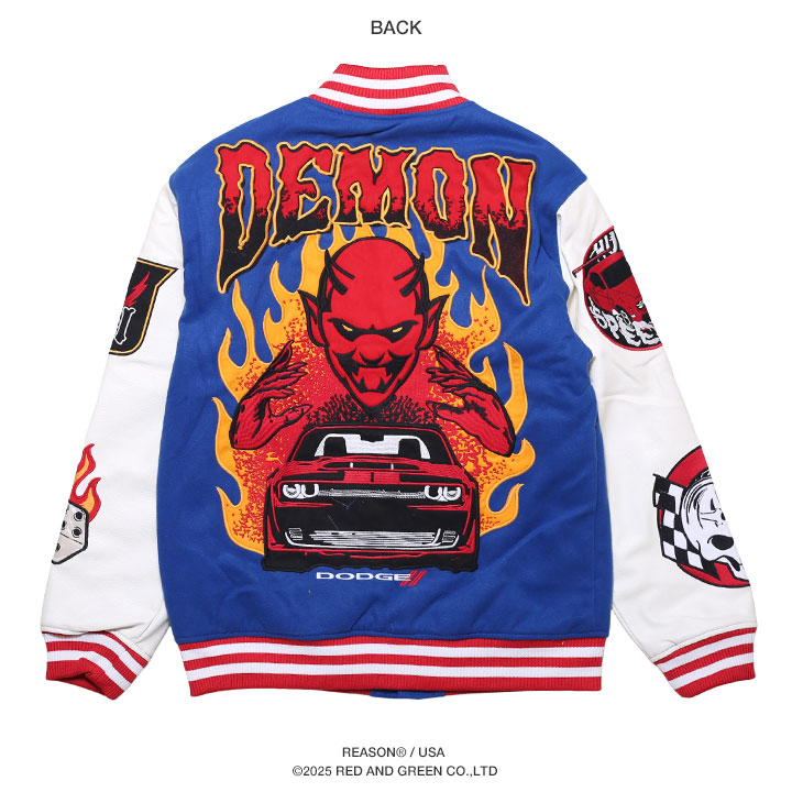 REASON × Dodge DEMON デイモン アウター 長袖 スタジャン メルトン ブルゾン ストリート メンズ 春秋冬用 青 大きいサイズ ダッジ アメ車 限定 コラボ 公式 リーズン ビッグシルエット b系 ヒップホップ ファッション ストリート系 ハイ ブランド 服 2025秋冬 新作 DGR502 REASON × Dodge DEMON デイモン アウター 長袖 スタジャン メルトン