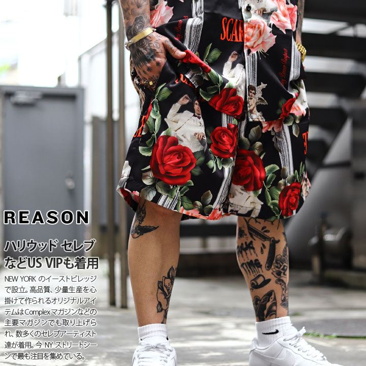 REASON × スカーフェイス ハーフパンツ ポリコットン 大きいサイズ Scarface 限定 コラボ 公式グッズ リーズン ショートパンツ 半ズボン ゆったり 花柄