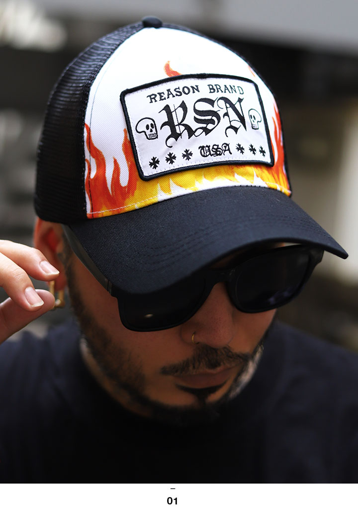 リーズン REASON キャップ 帽子 メッシュキャップ トラッカーキャップ CAP ロゴ ファイヤーパターン ワッペン 刺繍 Fサイズ かっこいい おしゃれ 海外セレクト｜weekindenim｜06