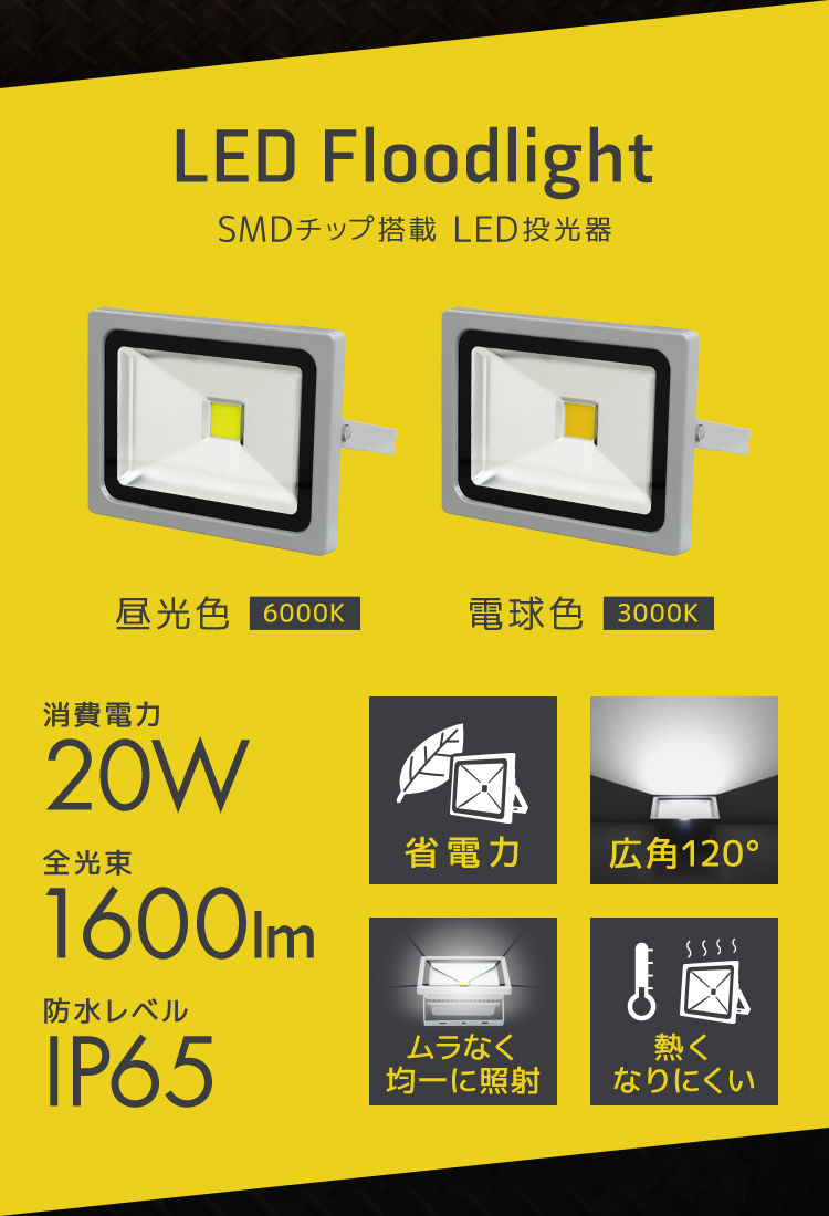 LED投光器 20W 200W相当 広角 広範囲 防塵 防水 LEDライト 作業灯 防犯